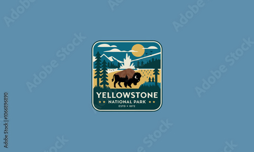 Yellowstone National Park badge with bison and geyser