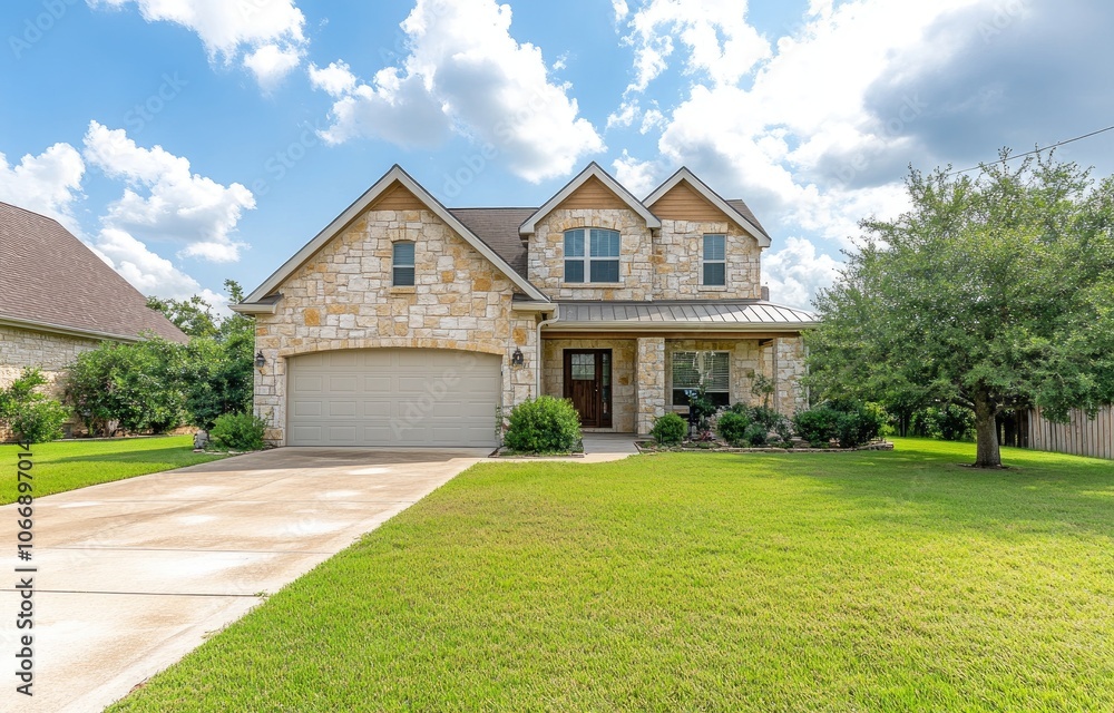 A beautiful two-story, stone and wood house in the heart of Texas with large windows, a light gray metal roof, a green grass lawn in the front yard A beautiful two-story, stone and wood house in the heart of Texas with large windows, a light gray metal roof, a green grass lawn in the front yard