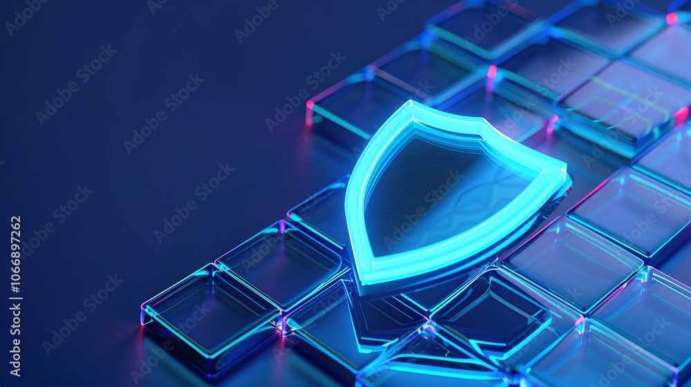 3D Cybersecurity Shield Icon on Blue Background 3D Cybersecurity Shield Icon on Blue Background