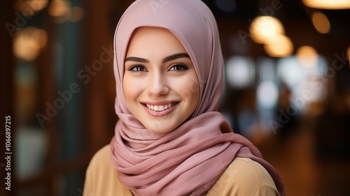 Portrait of an Muslim woman smile with a colorful headscarf