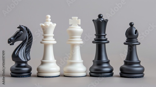 A row of chess pieces in black and white.