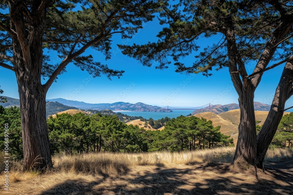 A beautiful view of a lake and mountains with two trees in the foreground A beautiful view of a lake and mountains with two trees in the foreground
