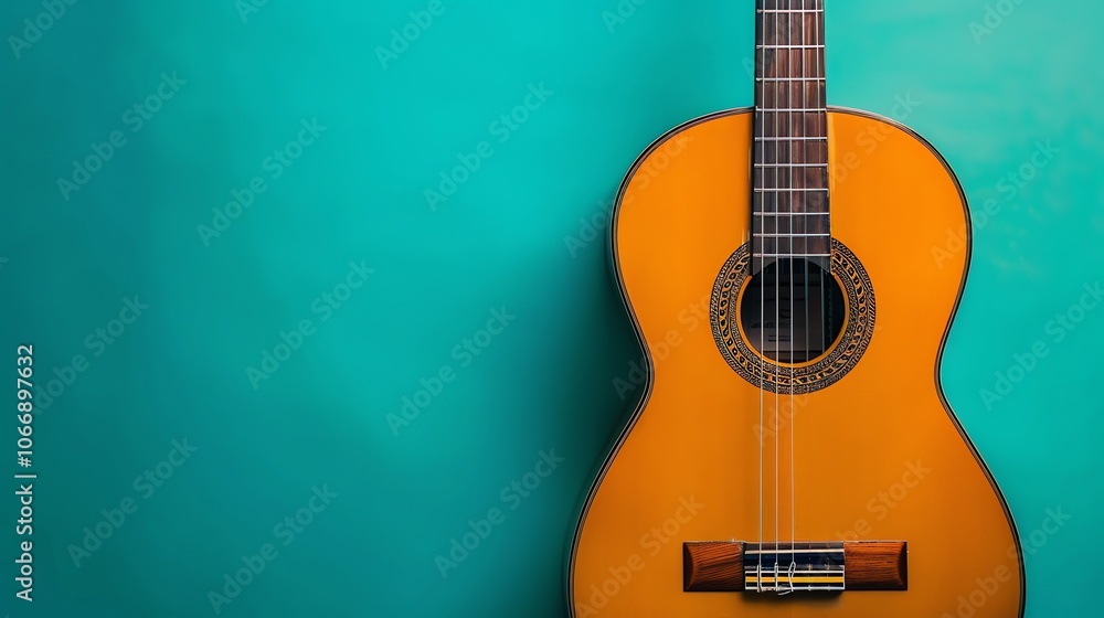 Obraz premium A close-up of an acoustic guitar against a teal background.