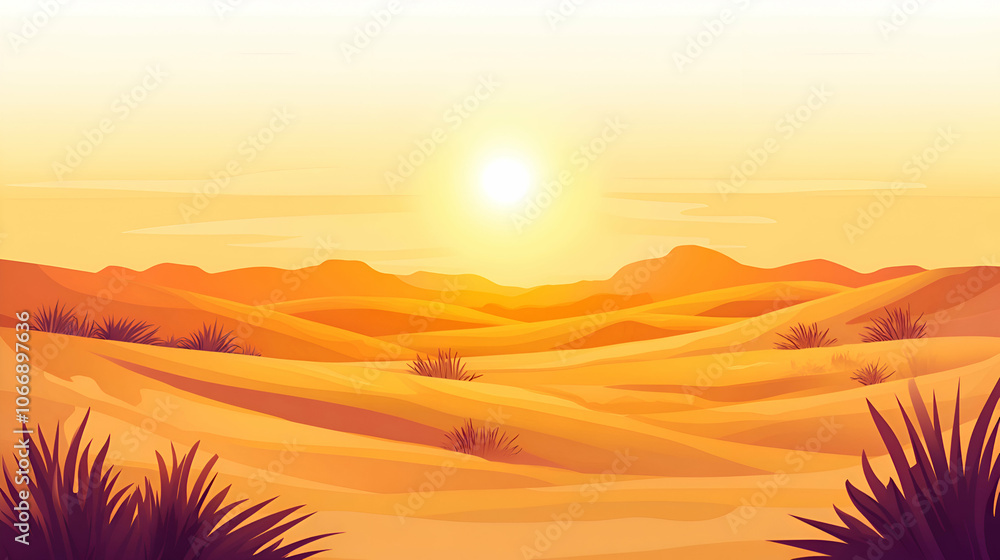 Obraz premium A scenic sunset over a vast desert landscape with rolling sand dunes, distant mountains and scattered vegetation.