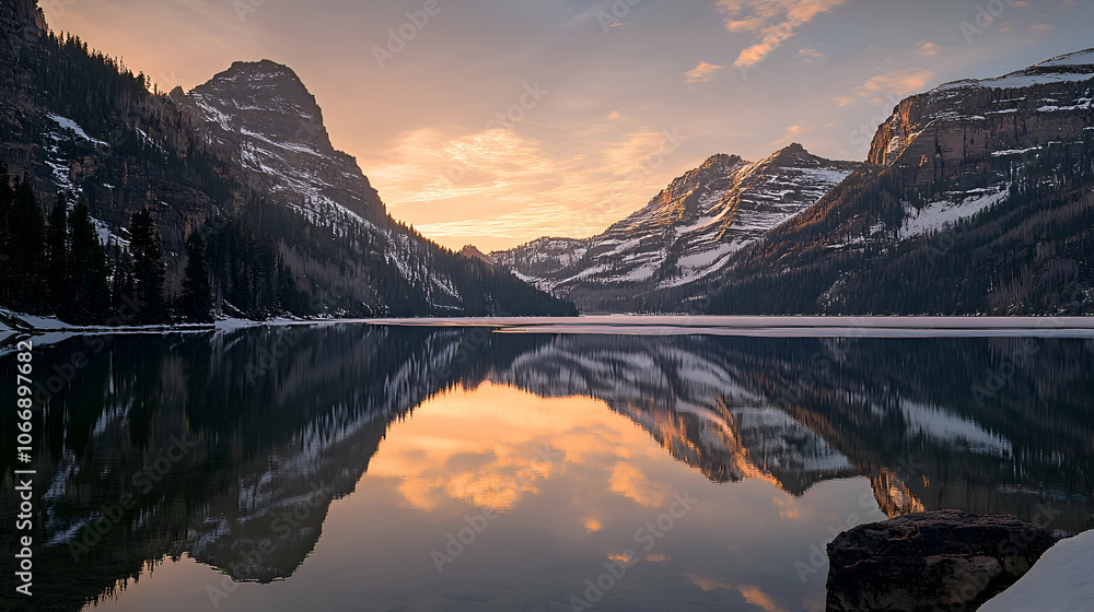 Fototapeta premium A serene mountain lake reflects the vibrant colors of a sunrise.