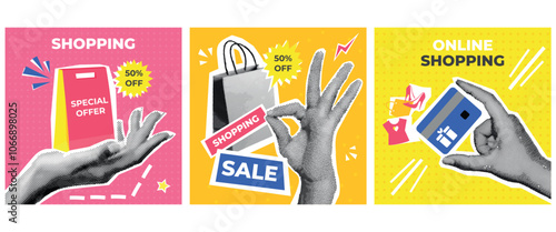 Halftone shopping cards. Sale posters retro collage template, online store discount shop special offer marketing social media promotion grunge vintage exact vector illustration