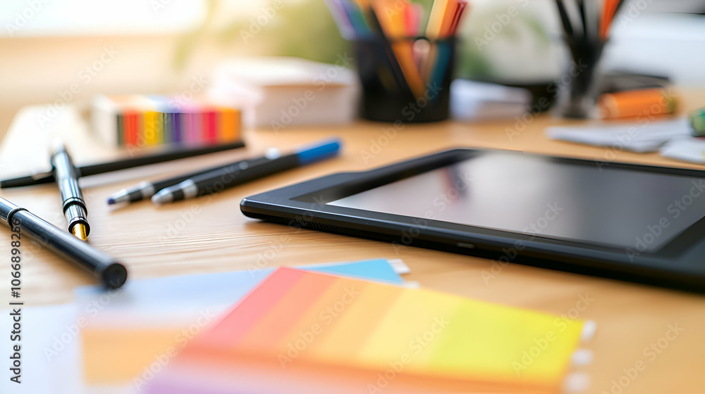 A tablet, pens and color swatches on a wooden desk with sunlight coming through the window. A tablet, pens and color swatches on a wooden desk with sunlight coming through the window.