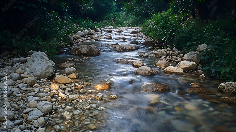 A tranquil stream flows through a lush forest, with smooth rocks and sunlight filtering through the trees.