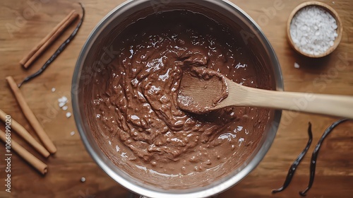  Top-down view of hot chocolate preparation, with finely chopped chocolate slowly melting in saucepan.