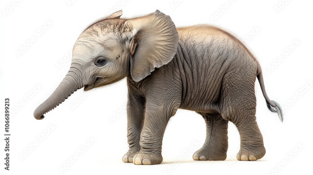 Fototapeta premium Young African elephant calf stands with trunk slightly raised against white background, appearing curious.