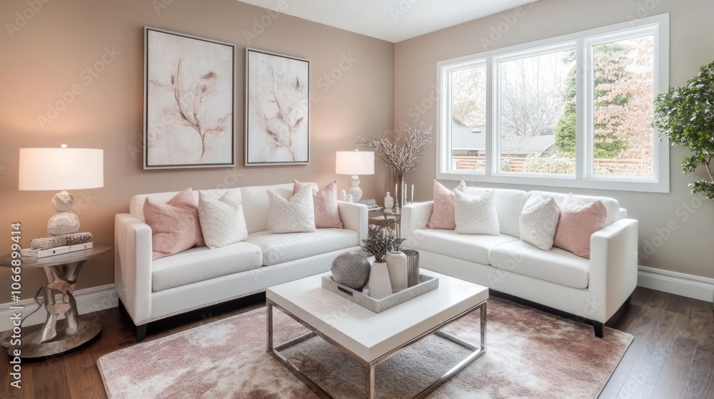 Fototapeta premium Contemporary Living Room with White Couches and a View of Trees