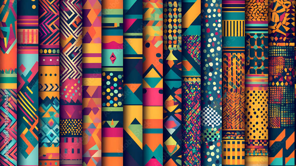 Colorful geometric patterns in vertical stripes. Colorful geometric patterns in vertical stripes.