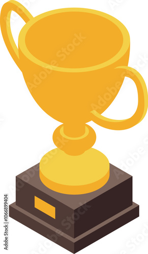 Isometric golden trophy on podium, symbolizing success, achievement, and first place in competition