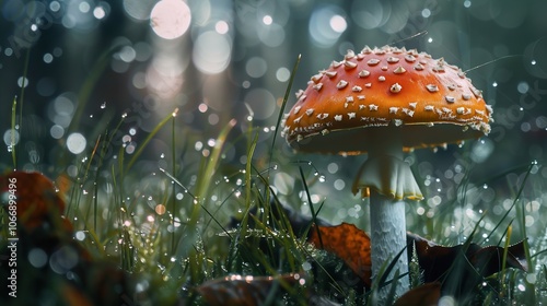 Red Mushroom in Dewy Forest Grass: A Close-Up View of Nature's Beauty