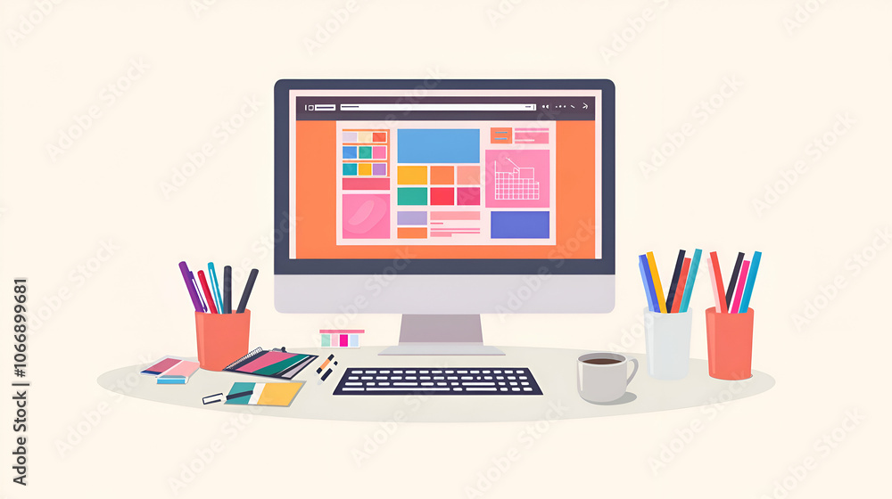 Computer with website mockup on the screen, keyboard, coffee cup, and art supplies on a desk. Computer with website mockup on the screen, keyboard, coffee cup, and art supplies on a desk.
