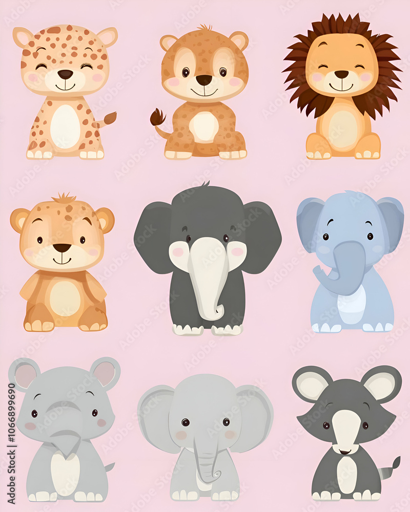 Cute cartoon animals with smiling faces in a set of nine. Cute cartoon animals with smiling faces in a set of nine.