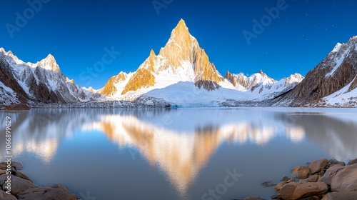 Majestic Mountain Peak Reflection in Still Lake Water Patagonia Landscape