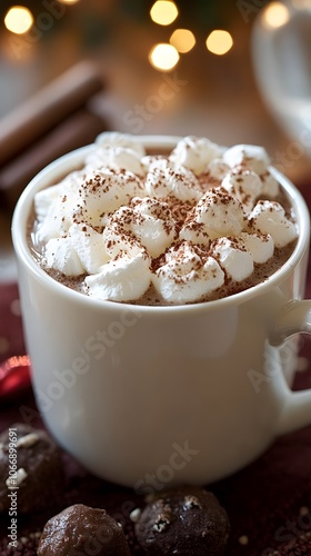 A cozy cup of hot chocolate topped with whipped cream and cocoa, perfect for winter.