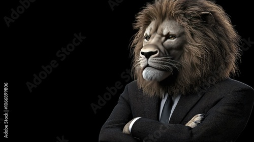 Lion in a suit, confidently posing against a dark background. photo