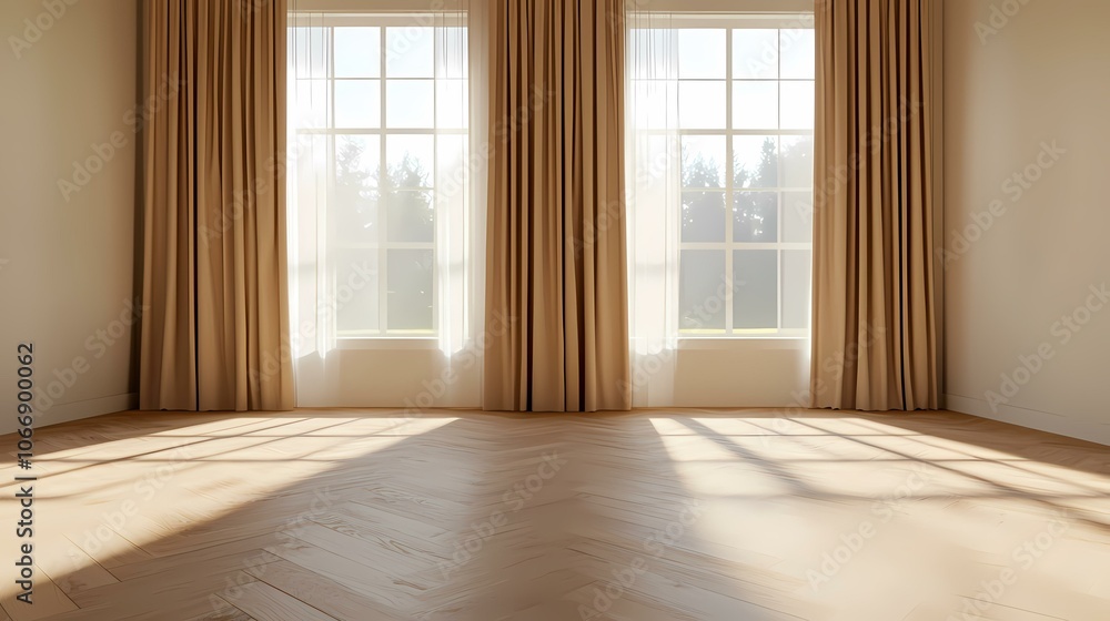 The image shows a room with three windows and beige curtains. Sunlight shines through the sheer curtains, casting long shadows on the wooden floor. The image shows a room with three windows and beige curtains. Sunlight shines through the sheer curtains, casting long shadows on the wooden floor.