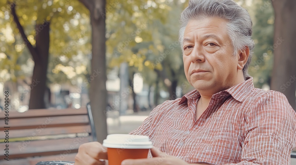 Middle-Aged Man with a Slight Tremor Holding a Cup of Coffee on a Park Bench, Symbolizing the Struggle with Parkinson's Disease in a Calm Natural Setting Middle-Aged Man with a Slight Tremor Holding a Cup of Coffee on a Park Bench, Symbolizing the Struggle with Parkinson's Disease in a Calm Natural Setting