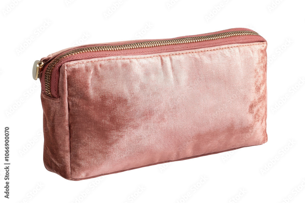 Elegant pink velvet cosmetic pouch rests on a table, perfect for organizing beauty essentials Elegant pink velvet cosmetic pouch rests on a table, perfect for organizing beauty essentials