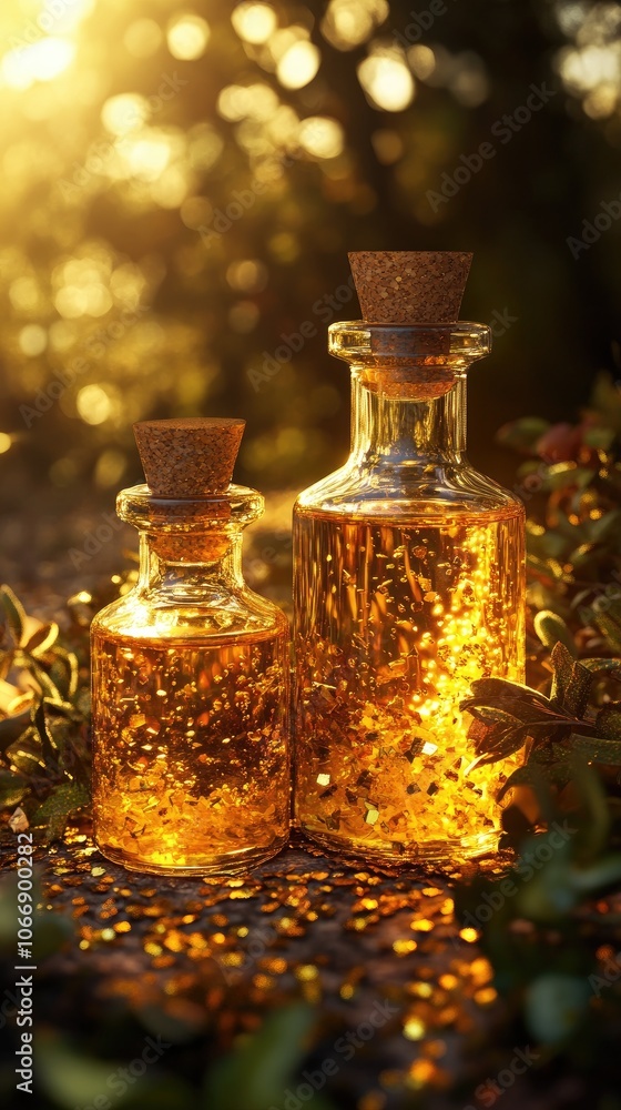 Two glass bottles filled with shimmering golden liquid, captured in soft sunlight, surrounded by nature. Perfect for wellness themes. Two glass bottles filled with shimmering golden liquid, captured in soft sunlight, surrounded by nature. Perfect for wellness themes.