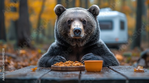 Bear sitting at a picnic table in a campground, comically enjoying a meal, quirky and humorous wildlife scene, camping adventure, wild animal in nature, playful and funny moment, outdoor camping fun photo