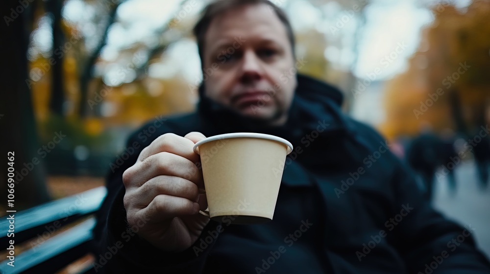 Middle-Aged Man with a Slight Tremor Holding a Cup of Coffee on a Park Bench, Symbolizing the Struggle with Parkinson's Disease in a Calm Natural Setting Middle-Aged Man with a Slight Tremor Holding a Cup of Coffee on a Park Bench, Symbolizing the Struggle with Parkinson's Disease in a Calm Natural Setting
