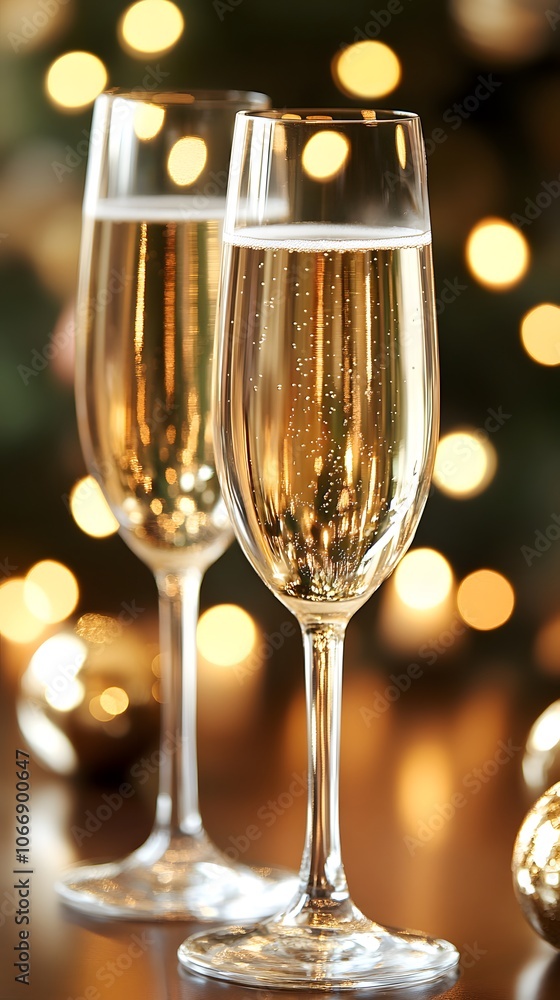 Two elegant champagne flutes filled with sparkling champagne against a festive bokeh backdrop. Two elegant champagne flutes filled with sparkling champagne against a festive bokeh backdrop.