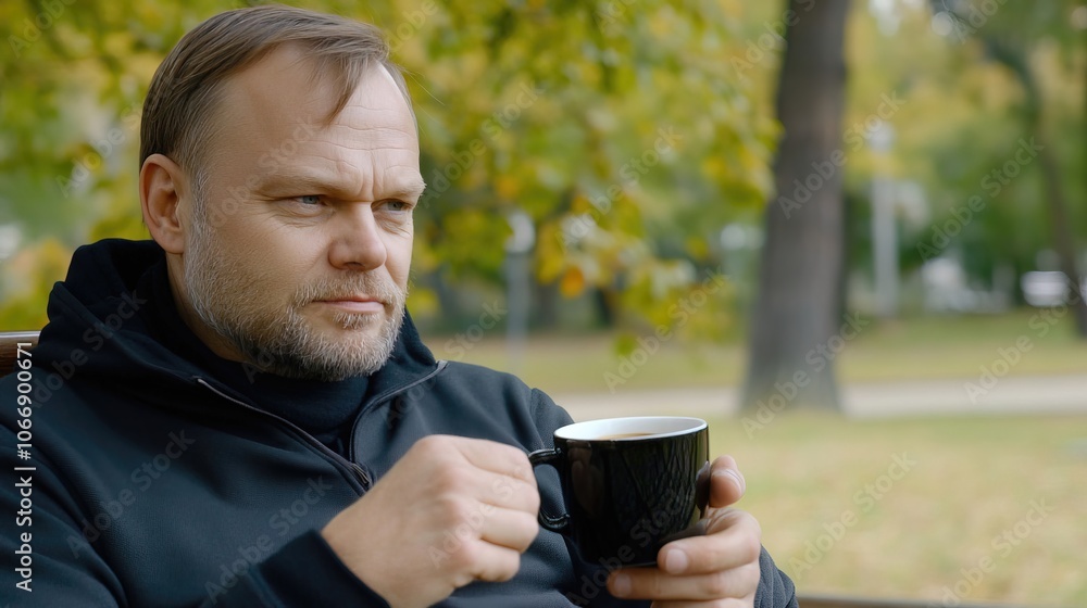 Middle-Aged Man with a Slight Tremor Holding a Cup of Coffee on a Park Bench, Symbolizing the Struggle with Parkinson's Disease in a Calm Natural Setting Middle-Aged Man with a Slight Tremor Holding a Cup of Coffee on a Park Bench, Symbolizing the Struggle with Parkinson's Disease in a Calm Natural Setting