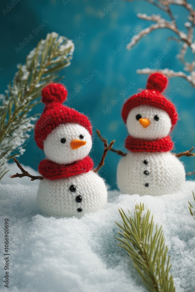 Small knitted snowmen on soft snow, set against a cool blue background, creating a whimsical holiday scene. Small knitted snowmen on soft snow, set against a cool blue background, creating a whimsical holiday scene.