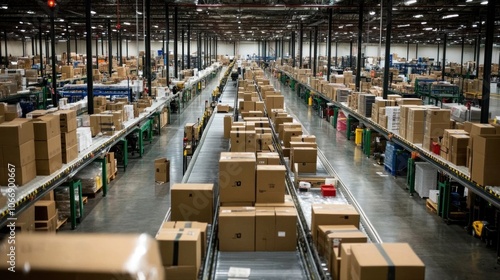 E-commerce retail showing a busy fulfillment center with boxes and packaging