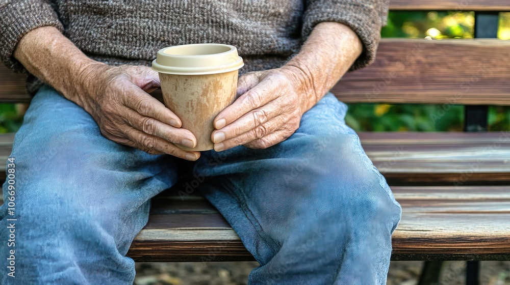 Middle-Aged Man with a Slight Tremor Holding a Cup of Coffee on a Park Bench, Symbolizing the Struggle with Parkinson's Disease in a Calm Natural Setting Middle-Aged Man with a Slight Tremor Holding a Cup of Coffee on a Park Bench, Symbolizing the Struggle with Parkinson's Disease in a Calm Natural Setting