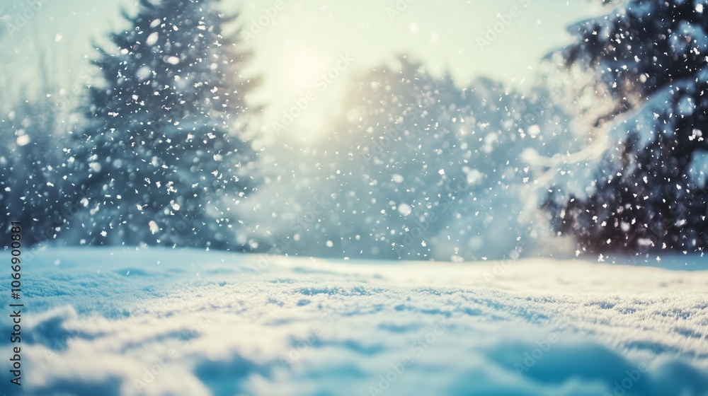 Snowflakes gently fall on a serene winter landscape at sunrise, transforming the quiet woods into a magical scene Snowflakes gently fall on a serene winter landscape at sunrise, transforming the quiet woods into a magical scene