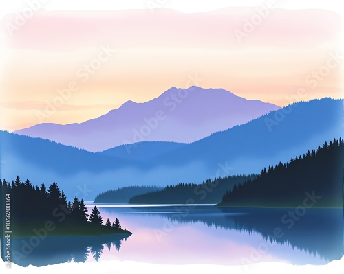 A serene mountain lake scene with a pink and purple sunrise over the peaks. The water is calm and reflective, with a small island in the foreground.