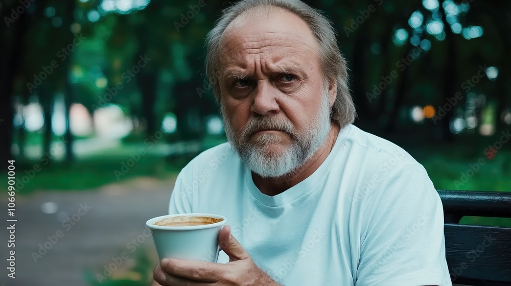 Middle-Aged Man with a Slight Tremor Holding a Cup of Coffee on a Park Bench, Symbolizing the Struggle with Parkinson's Disease in a Calm Natural Setting Middle-Aged Man with a Slight Tremor Holding a Cup of Coffee on a Park Bench, Symbolizing the Struggle with Parkinson's Disease in a Calm Natural Setting