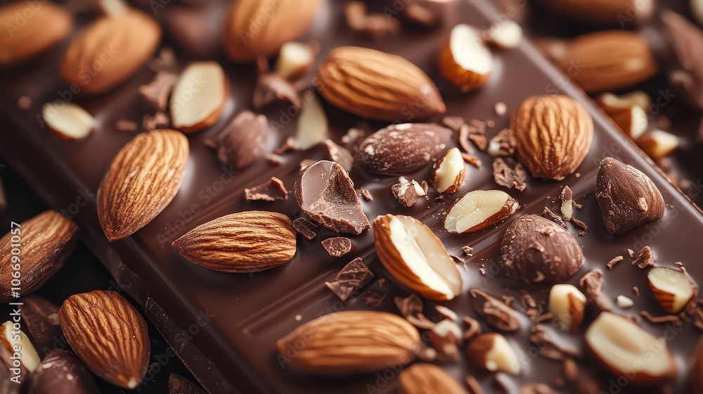 Close-up of dark chocolate bar topped with whole almonds, showing rich texture and contrast between creamy chocolate and crunchy nuts. Close-up of dark chocolate bar topped with whole almonds, showing rich texture and contrast between creamy chocolate and crunchy nuts.