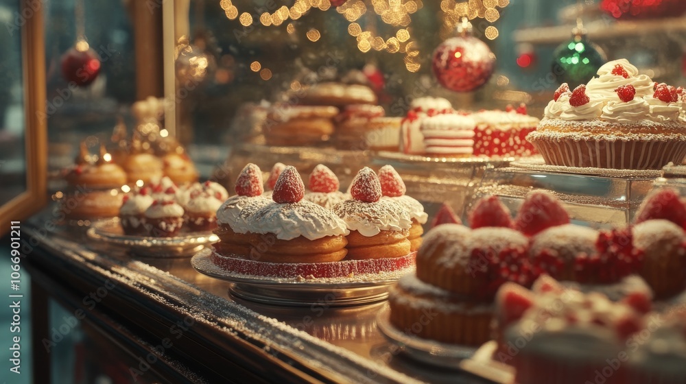 Christmas showcase with close up shot of Christmas bakery Christmas showcase with close up shot of Christmas bakery