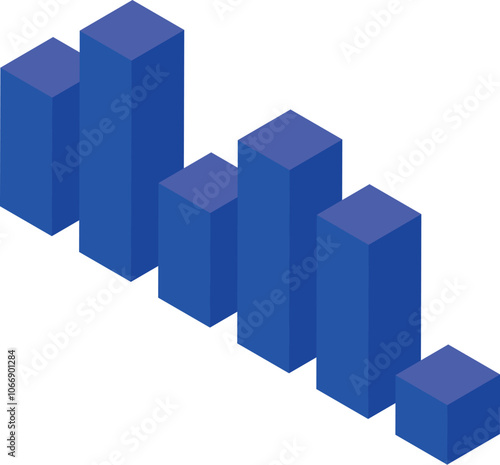 Isometric projection of blue graph bars representing growth and success in business analysis