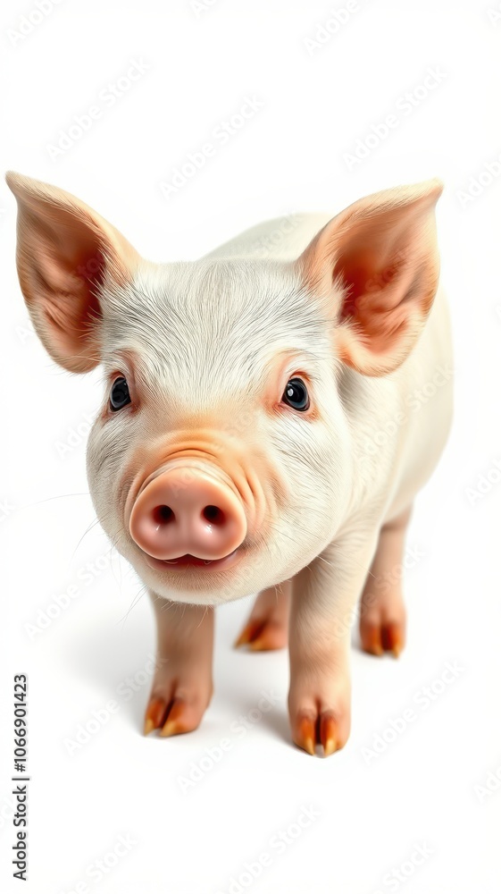 A small, pink piglet stands on a white background, looking directly at the camera A small, pink piglet stands on a white background, looking directly at the camera
