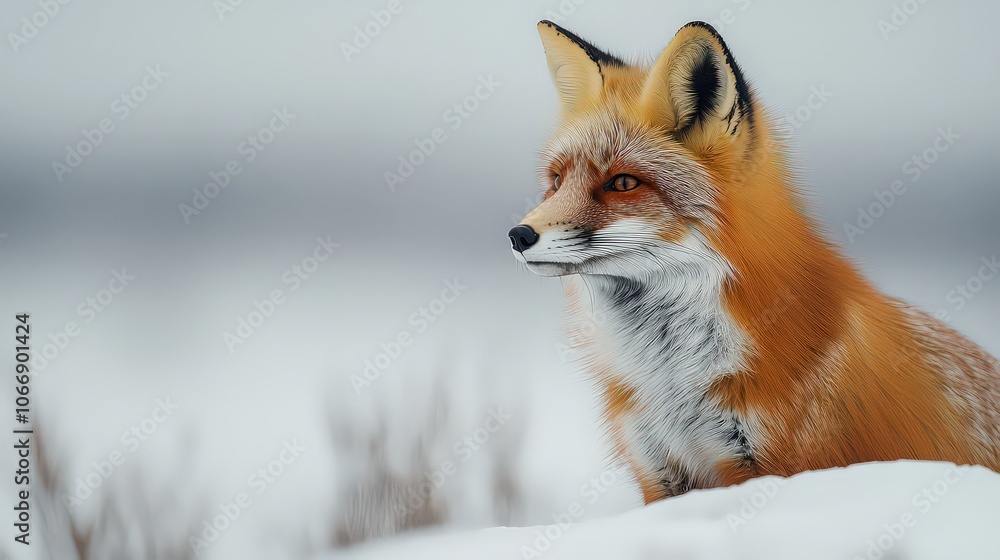 Red fox sitting in snowy field, gazing into distance. The fox's vibrant fur contrasts against white snow, embodying elegance and resilience in winter landscape. Red fox sitting in snowy field, gazing into distance. The fox's vibrant fur contrasts against white snow, embodying elegance and resilience in winter landscape.