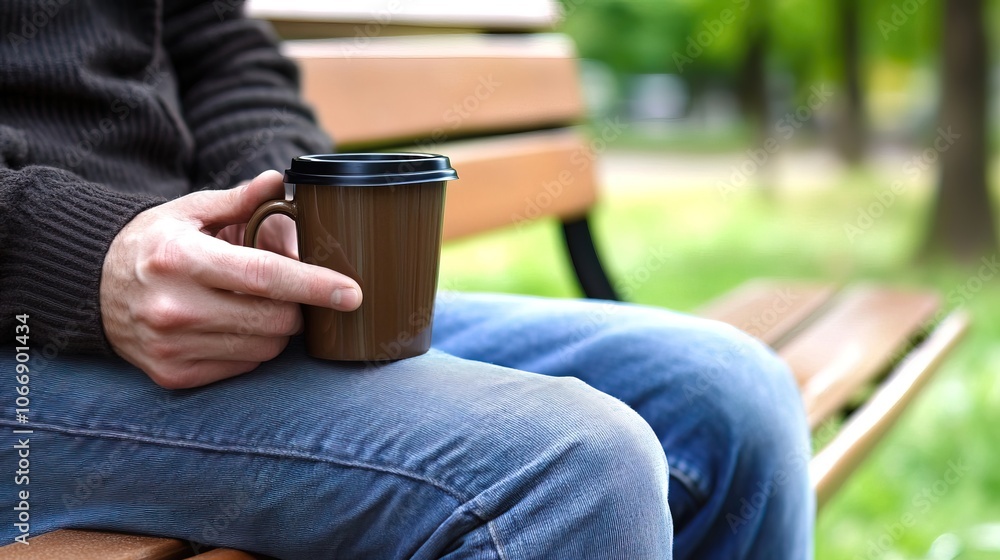 Middle-Aged Man with a Slight Tremor Holding a Cup of Coffee on a Park Bench, Symbolizing the Struggle with Parkinson's Disease in a Calm Natural Setting Middle-Aged Man with a Slight Tremor Holding a Cup of Coffee on a Park Bench, Symbolizing the Struggle with Parkinson's Disease in a Calm Natural Setting