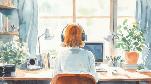 A cozy workspace featuring a person wearing headphones, absorbed in a computer. Natural light illuminates surrounding plants and books.