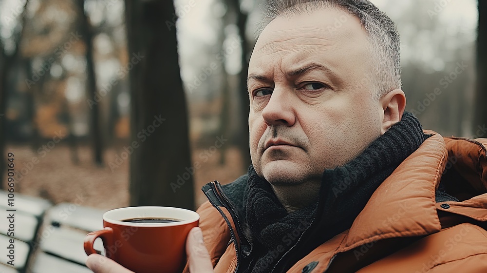 Middle-Aged Man with a Slight Tremor Holding a Cup of Coffee on a Park Bench, Symbolizing the Struggle with Parkinson's Disease in a Calm Natural Setting Middle-Aged Man with a Slight Tremor Holding a Cup of Coffee on a Park Bench, Symbolizing the Struggle with Parkinson's Disease in a Calm Natural Setting