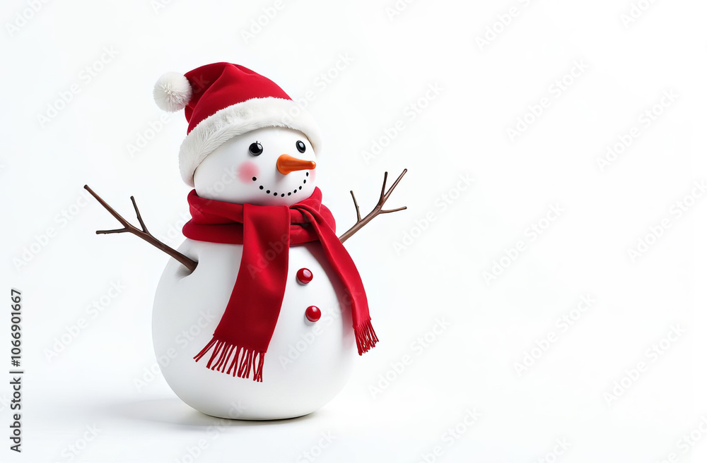 Snowman wearing a hat and a knitted scarf, copy space Snowman wearing a hat and a knitted scarf, copy space
