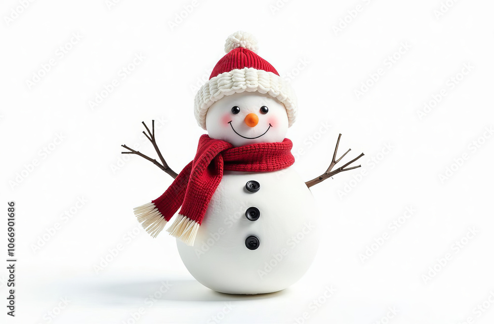 Snowman wearing a hat and a knitted scarf, copy space Snowman wearing a hat and a knitted scarf, copy space