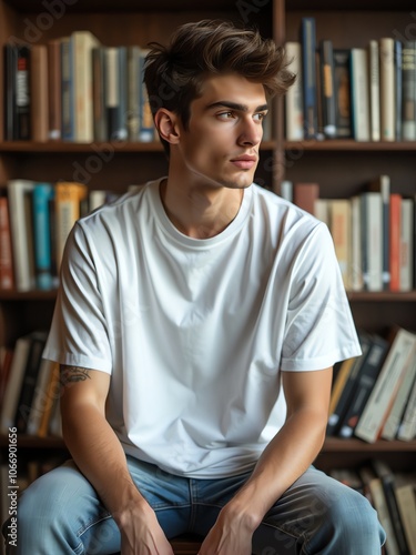 front facing white t-shirt mockup with handsome male model sitting. libray background photo