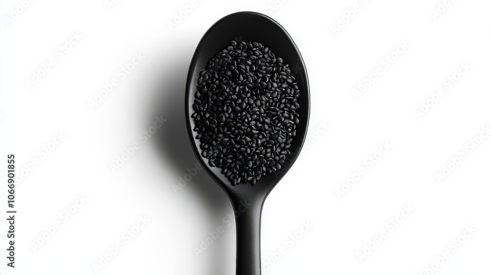 Sleek black ceramic spoon loaded with glossy black sesame seeds, set against stark white background. Sleek black ceramic spoon loaded with glossy black sesame seeds, set against stark white background.