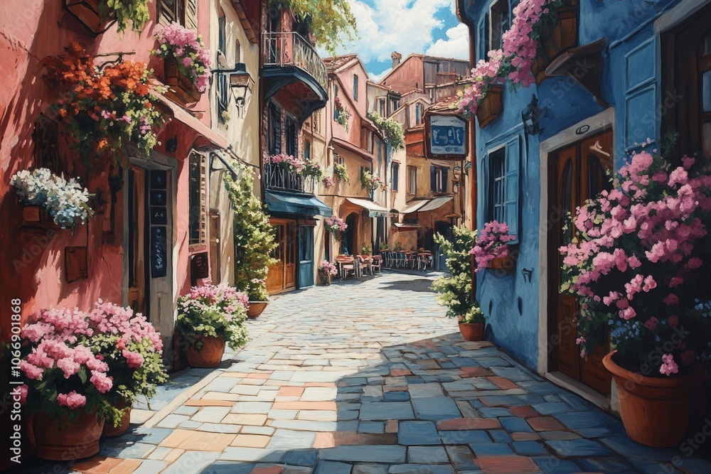 Naklejka premium A picturesque European tourist location, featuring charming cobblestone streets, historic buildings, and bustling cafes. Abstract image. Generative A